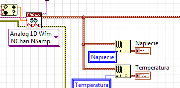 Przez Local Variable dane numer odpowiedni numer wiersza wybierany jest z arraya i pomiar pokazywany jest na wybranym wskazniku. W ten sposob, obojetnie czy "napiecie" bedzie na poczatku czy na koncu pliku z ktorego czytamy, obojetnie jaki kanal bedzie mu odpowiadal i obojetnie czy w ogole "napiecie" bedzie mierzone, wskaznik bedzie pokazywal wlasciwe wartosci.